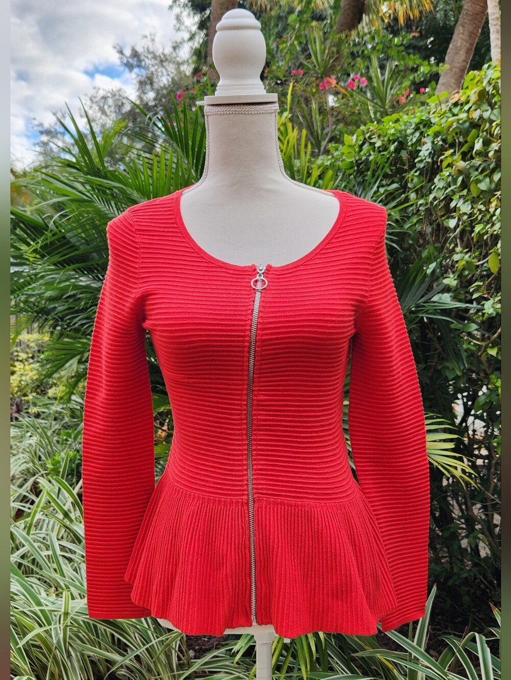 INC International Concepts Red Ribbed Long Sleeve Zippered Peplum Knit Jacket